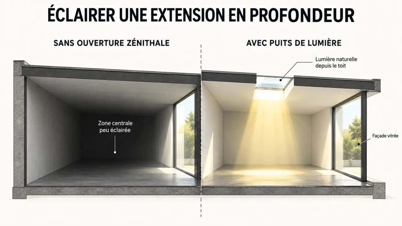 Extension maison avec puits de lumière éclairant le centre d’une pièce profonde