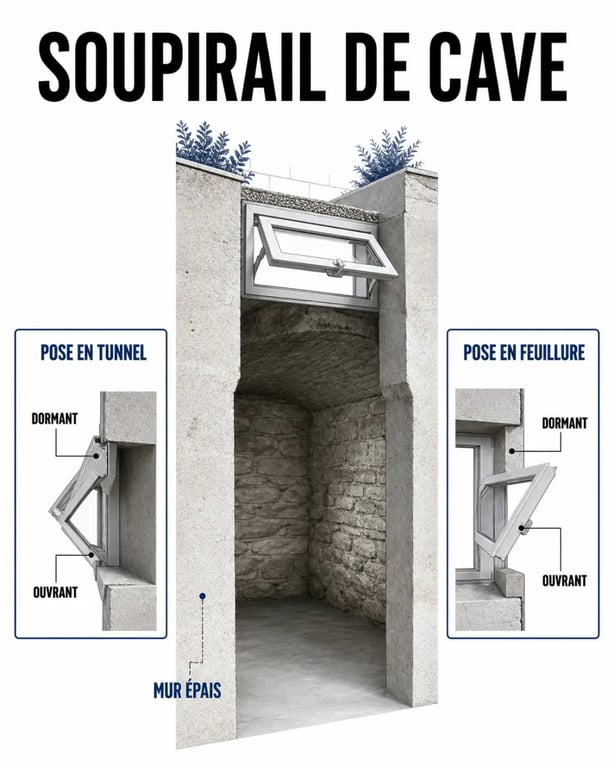 Schéma explicatif de fenetre soupirail avec fenêtre à soufflet et types de pose