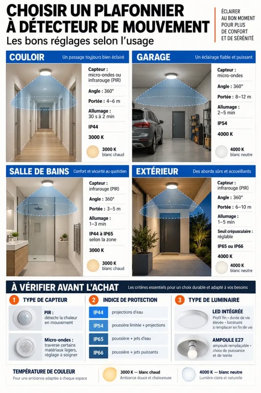 Infographie pour choisir un plafonnier detecteur de mouvement selon la pièce, l’indice IP et le type de capteur