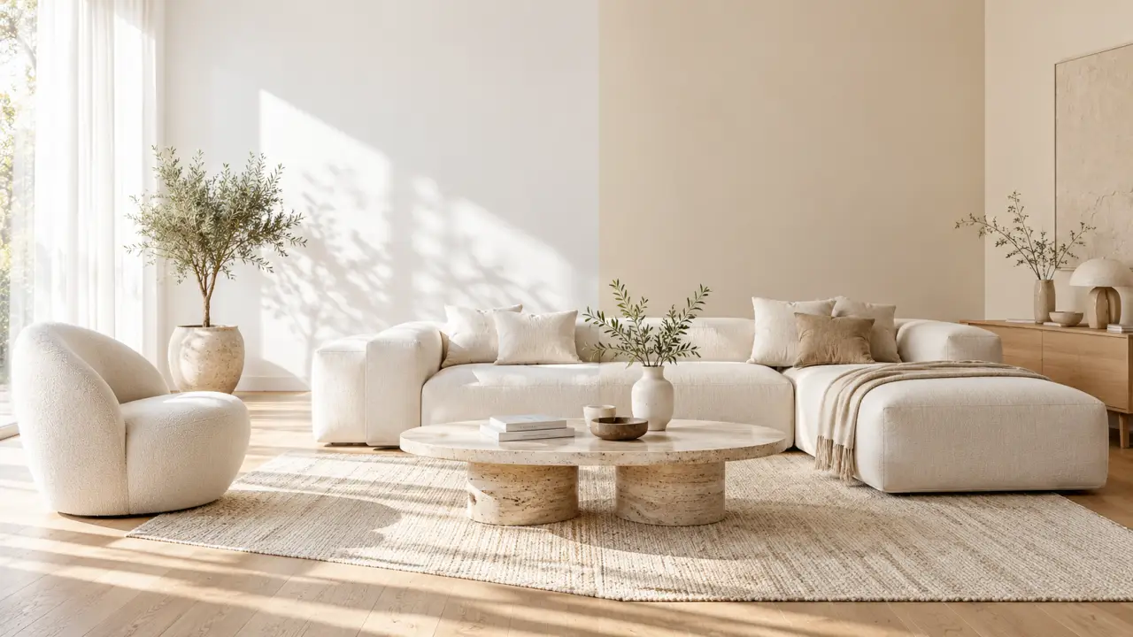 Salon minimaliste aux murs blancs baigné de lumière naturelle