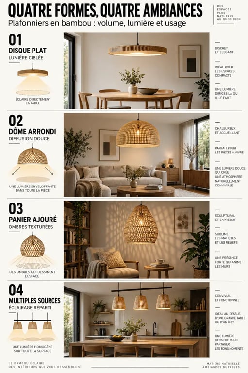 Formes de plafonnier bambou pour chambre, salon, entrée et salle à manger