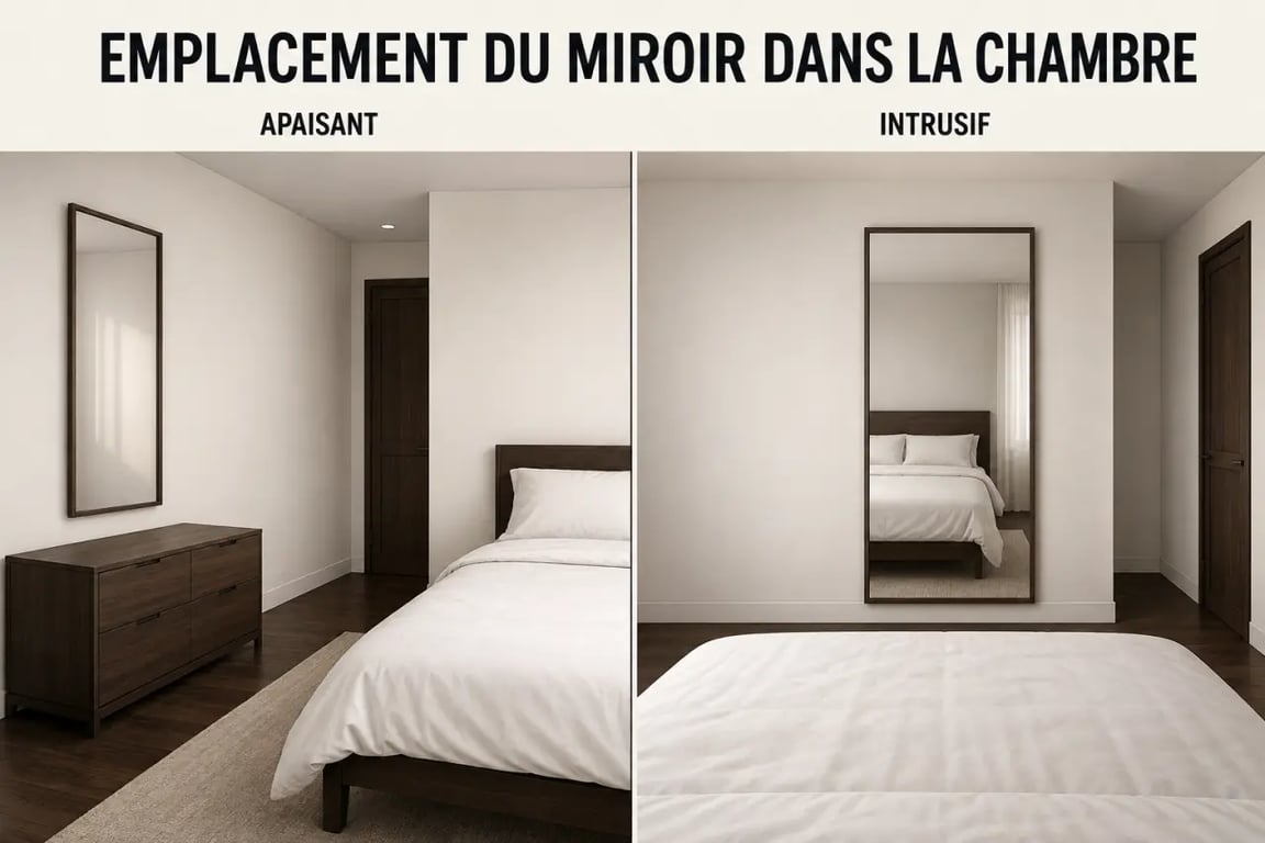 Miroir dans la chambre : bon placement sur un mur latéral et placement à éviter face au lit