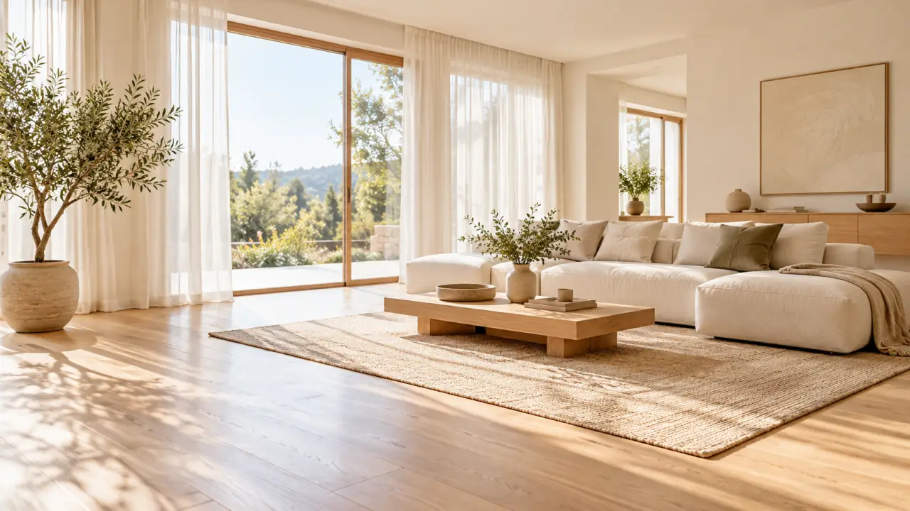 Salon minimaliste baigné de lumière naturelle avec de grandes fenêtres et des voilages légers