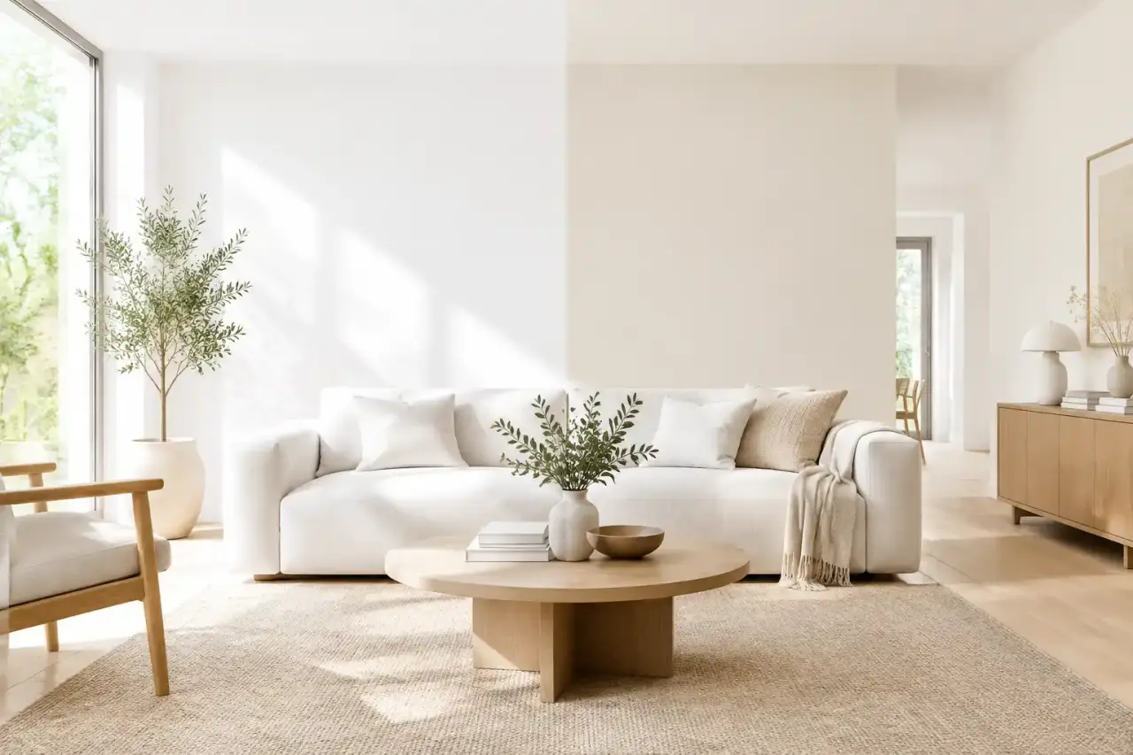 Salon minimaliste aux murs blancs baigné de lumière naturelle