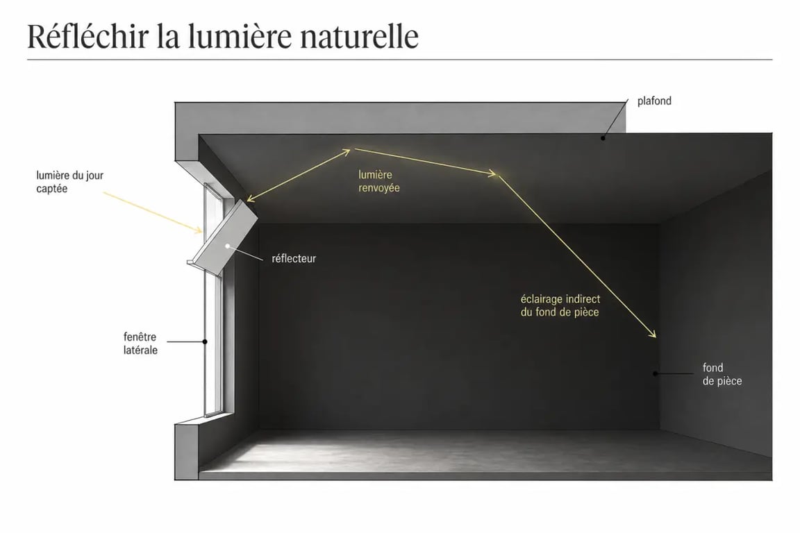 Réflecteur de lumière pour pièce sombre installé près d’une fenêtre et redirigeant la lumière vers le plafond