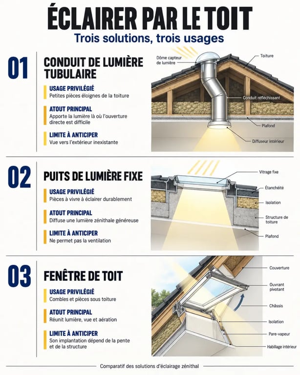 Infographie comparative des solutions de puits de lumière, conduit tubulaire et fenêtre de toit