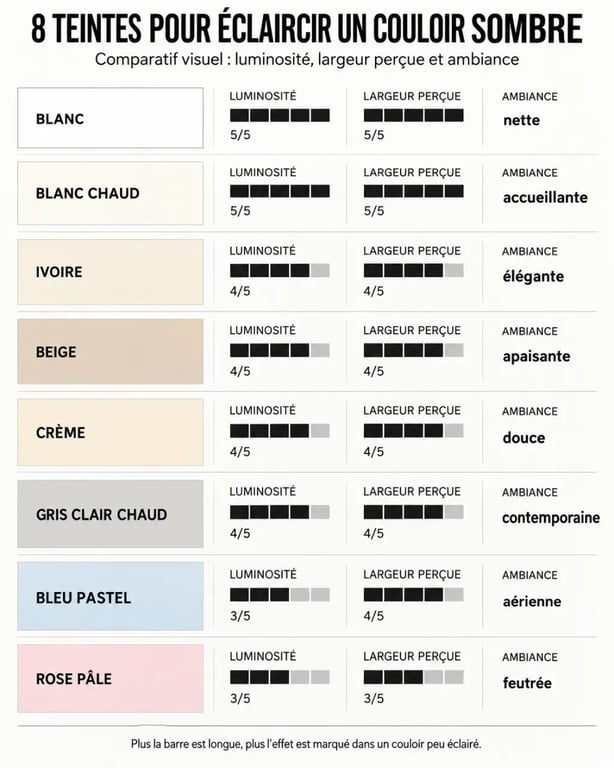 Infographie des couleurs de peinture pour couloir sombre et de leurs effets sur la luminosité
