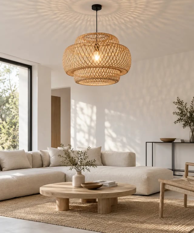 Plafonnier bambou dans un salon contemporain avec lumière chaude et matières naturelles