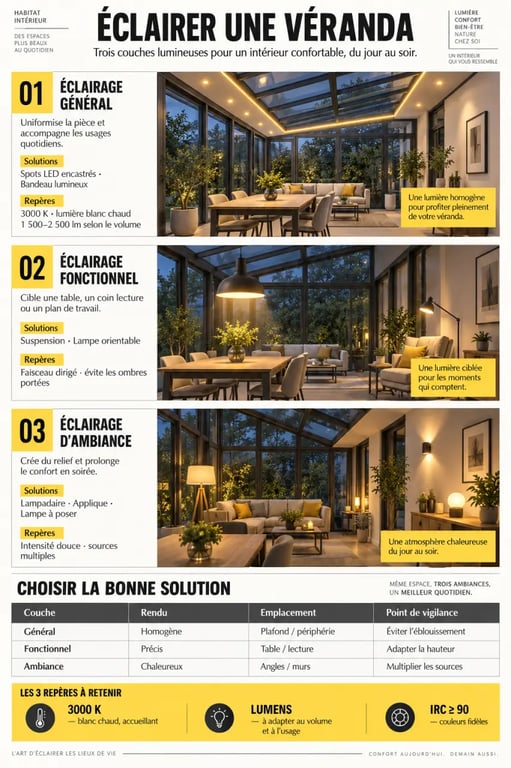 Infographie sur l’éclairage véranda intérieur avec spots LED, bandeaux, suspensions et lampes d’ambiance