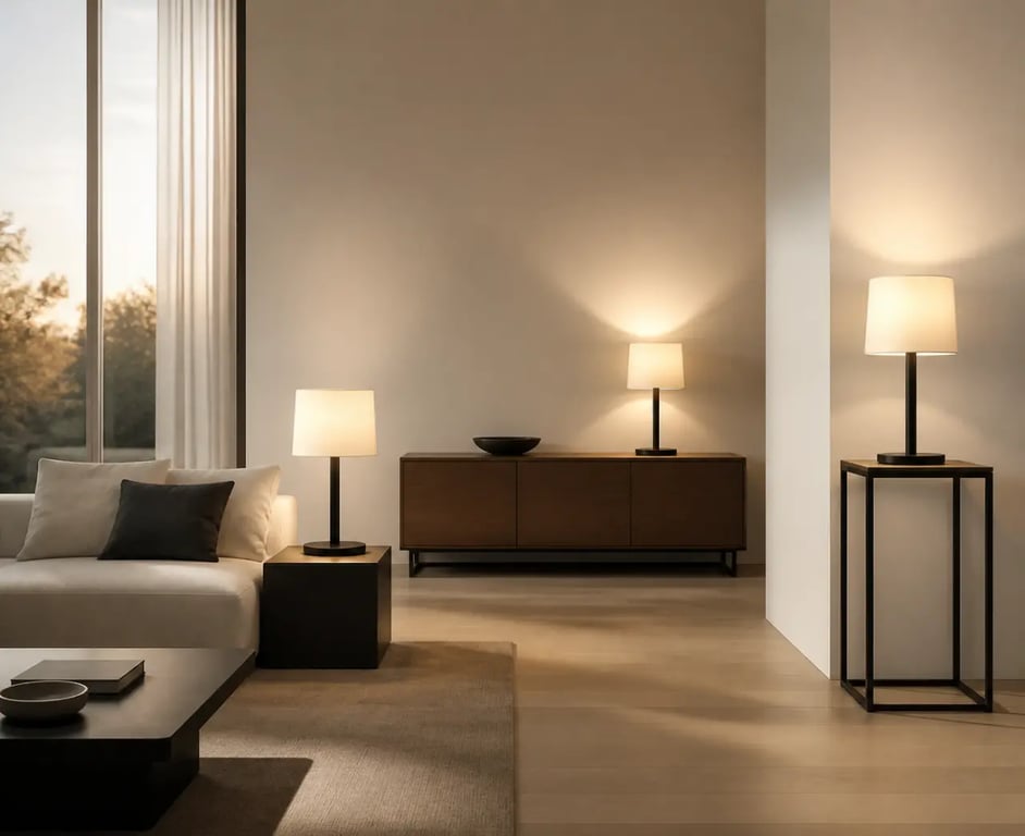 Lampe à poser pour salon : exemple de placement sur bout de canapé, buffet bas et table d’appoint