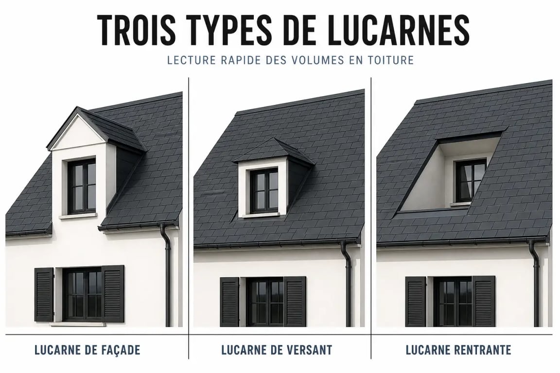 Lucarnes de toit : schéma des positions de façade, versant et rentrante sur une toiture