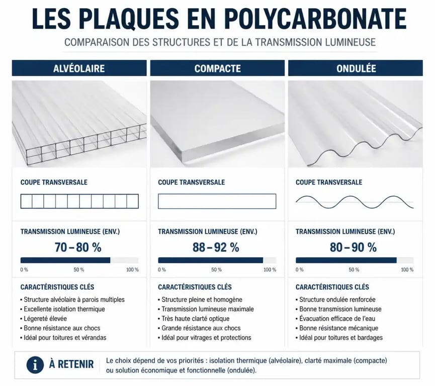 Comparatif visuel des types de toiture polycarbonate : alvéolaire, compact et ondulé