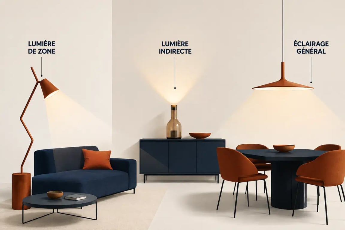 Lampes originales dans un salon avec lampadaire sculptural, lampe bouteille et suspension décorative