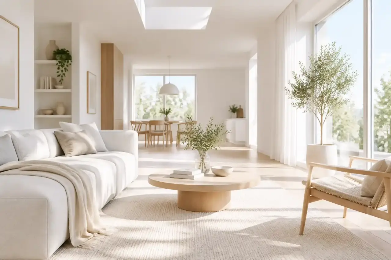 Intérieur épuré et baigné de lumière naturelle mettant en valeur des lignes minimalistes