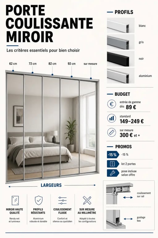 Porte coulissante miroir : comparatif visuel des dimensions, profils et prix