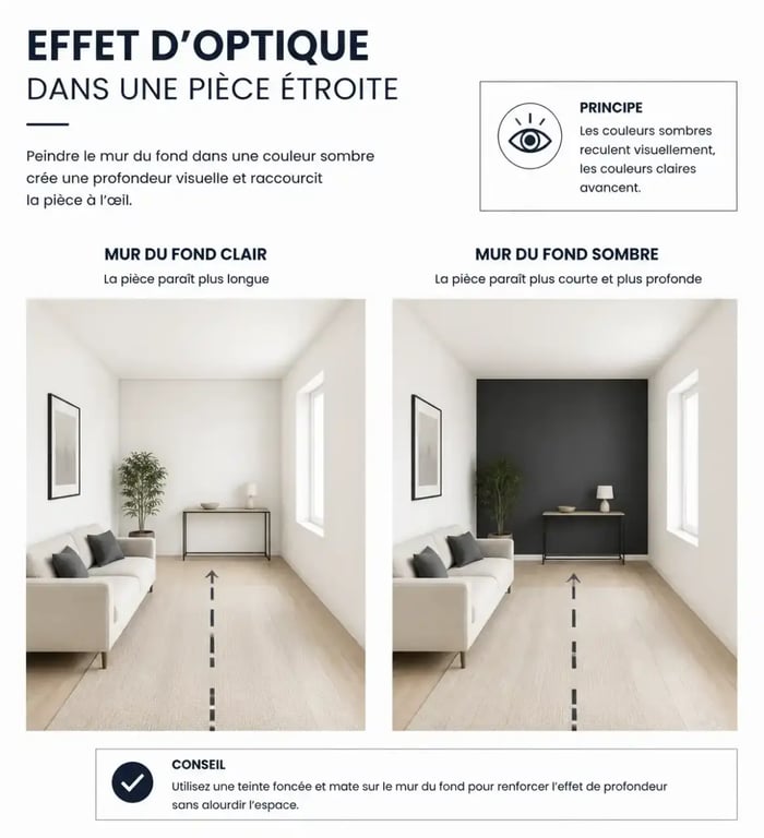Schéma montrant quel mur peindre pour agrandir une pièce étroite en utilisant une couleur sombre au fond