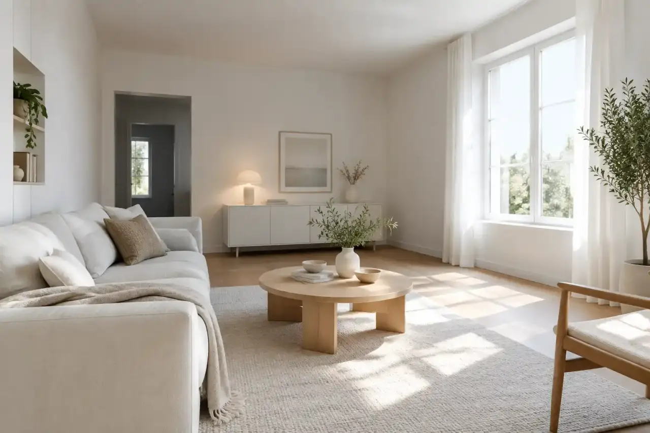 Salon aux murs blancs dont la lumière naturelle est optimisée par un aménagement minimaliste