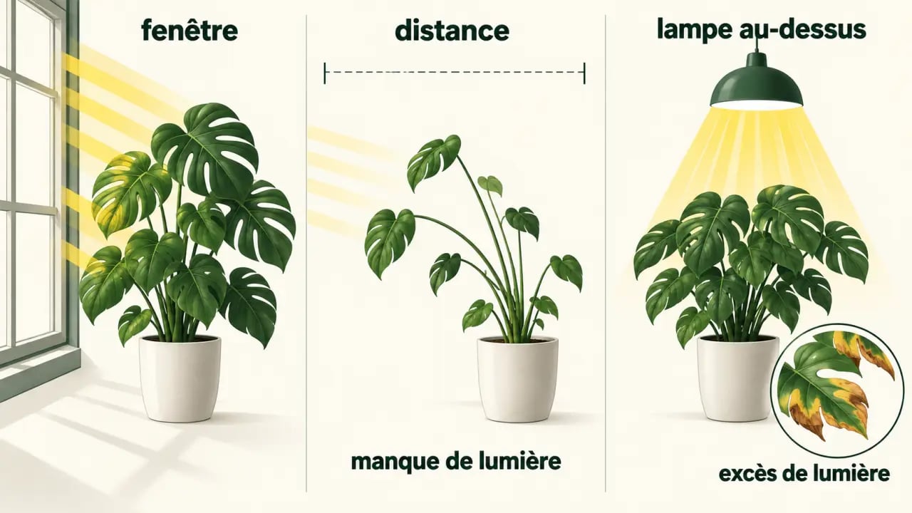Infographie sur l’éclairage plante intérieur, la distance à la fenêtre et le positionnement d’une lampe horticole
