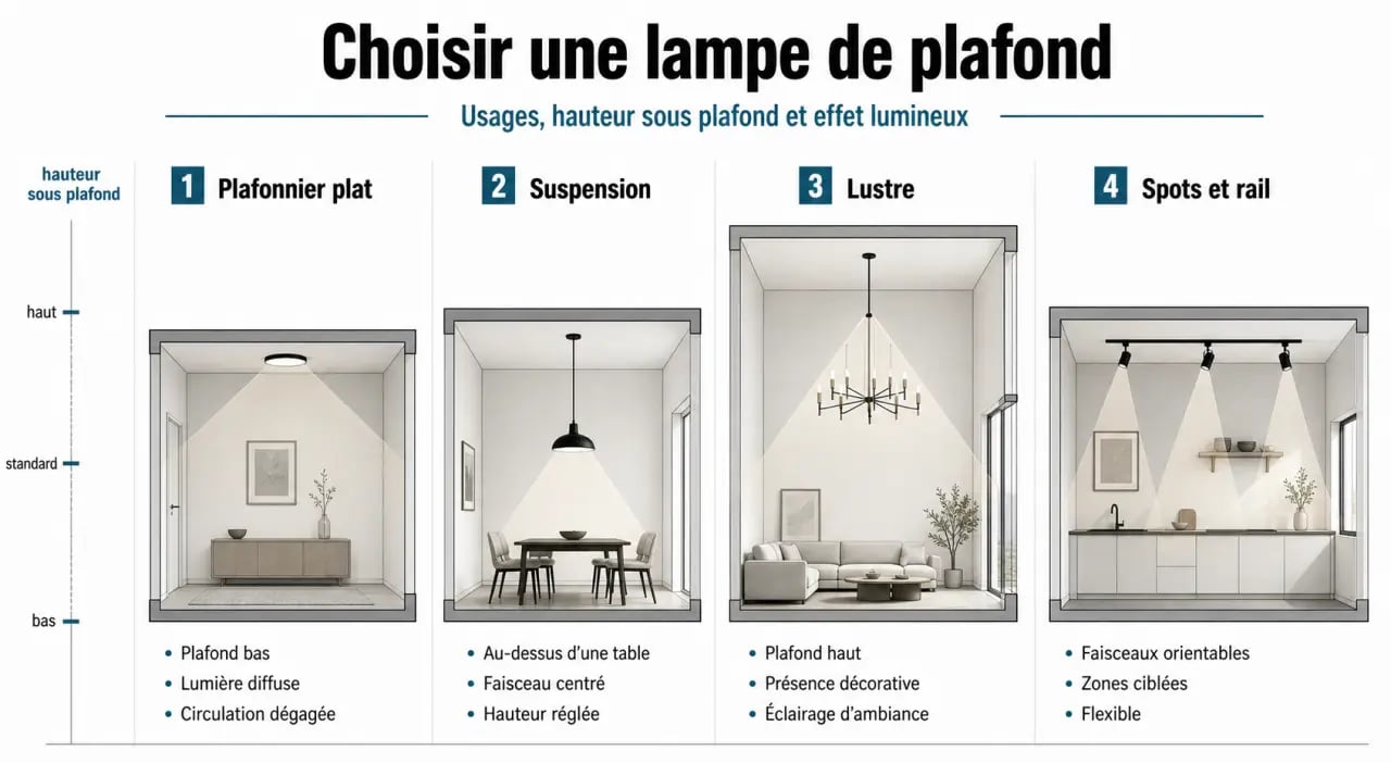 Lampe plafond : comparaison visuelle entre plafonnier, suspension, lustre et spots