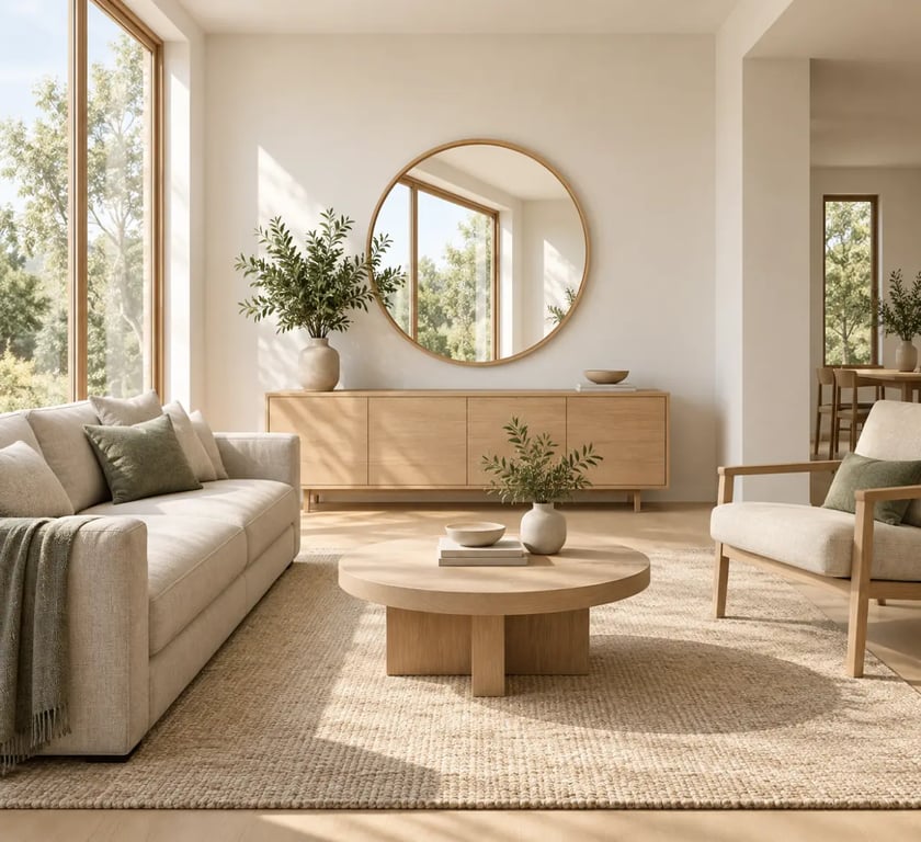 Miroir décoration salon rond en bois au-dessus d'un buffet face à une fenêtre