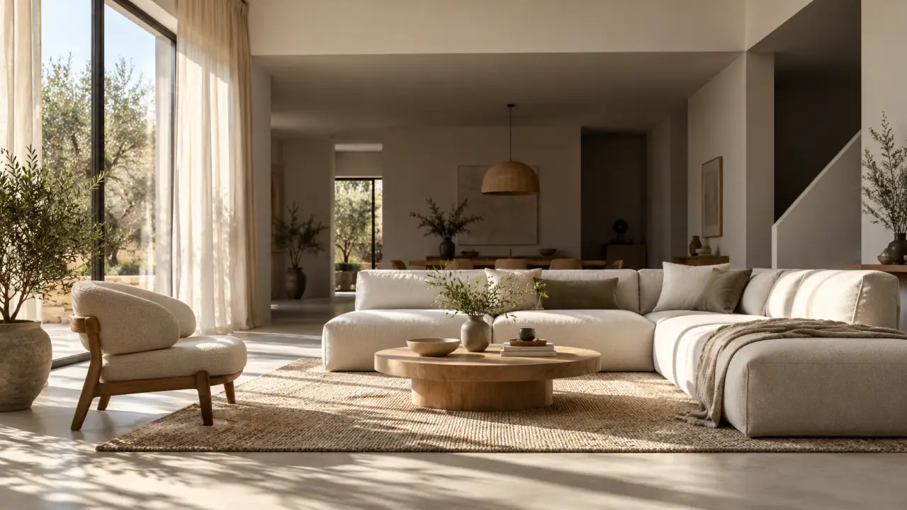 Salon minimaliste aux murs blancs éclairé par une lumière naturelle douce
