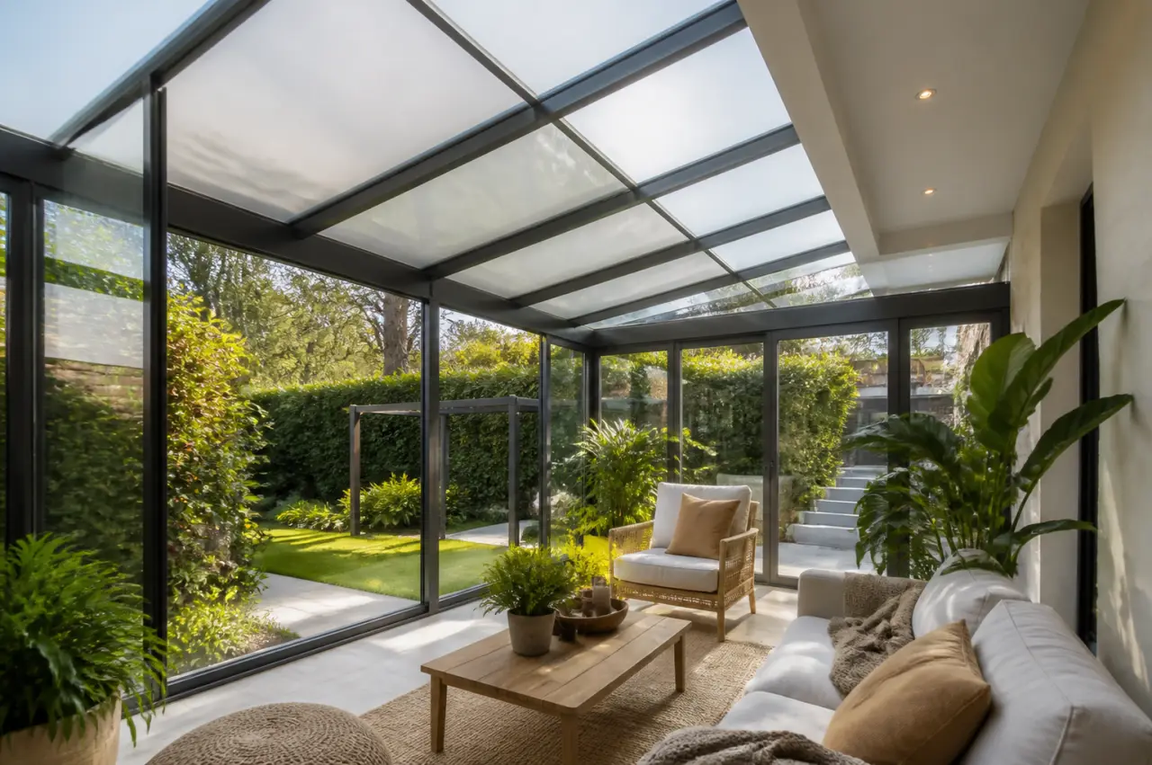 Toit de véranda en polycarbonate : film solaire, doublage ou faux plafond pour gagner en confort