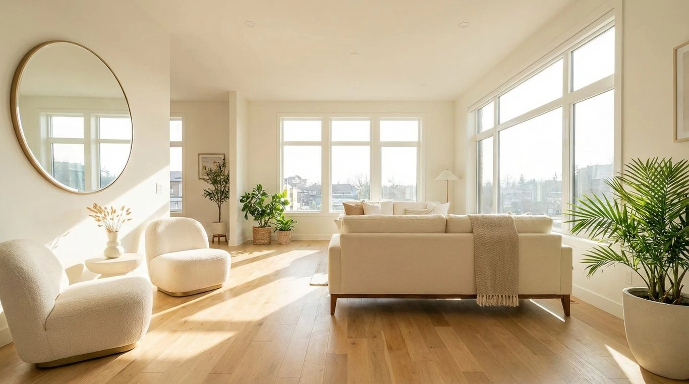 Gros plan sur un miroir rond accroché à un mur blanc reflétant une fenêtre ensoleillée, vase en verre transparent, esthétique épurée