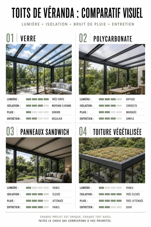 Toit veranda : comparaison visuelle des matériaux de toiture pour choisir entre lumière et isolation