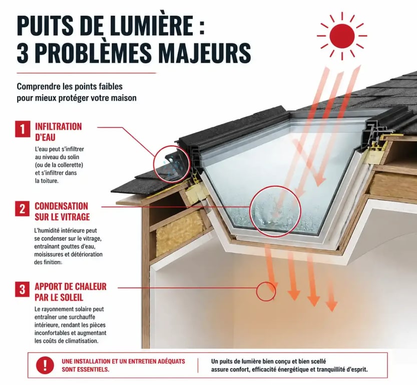 Schéma technique illustrant les inconvénients d'un puit de lumière : fuites, condensation et surchauffe