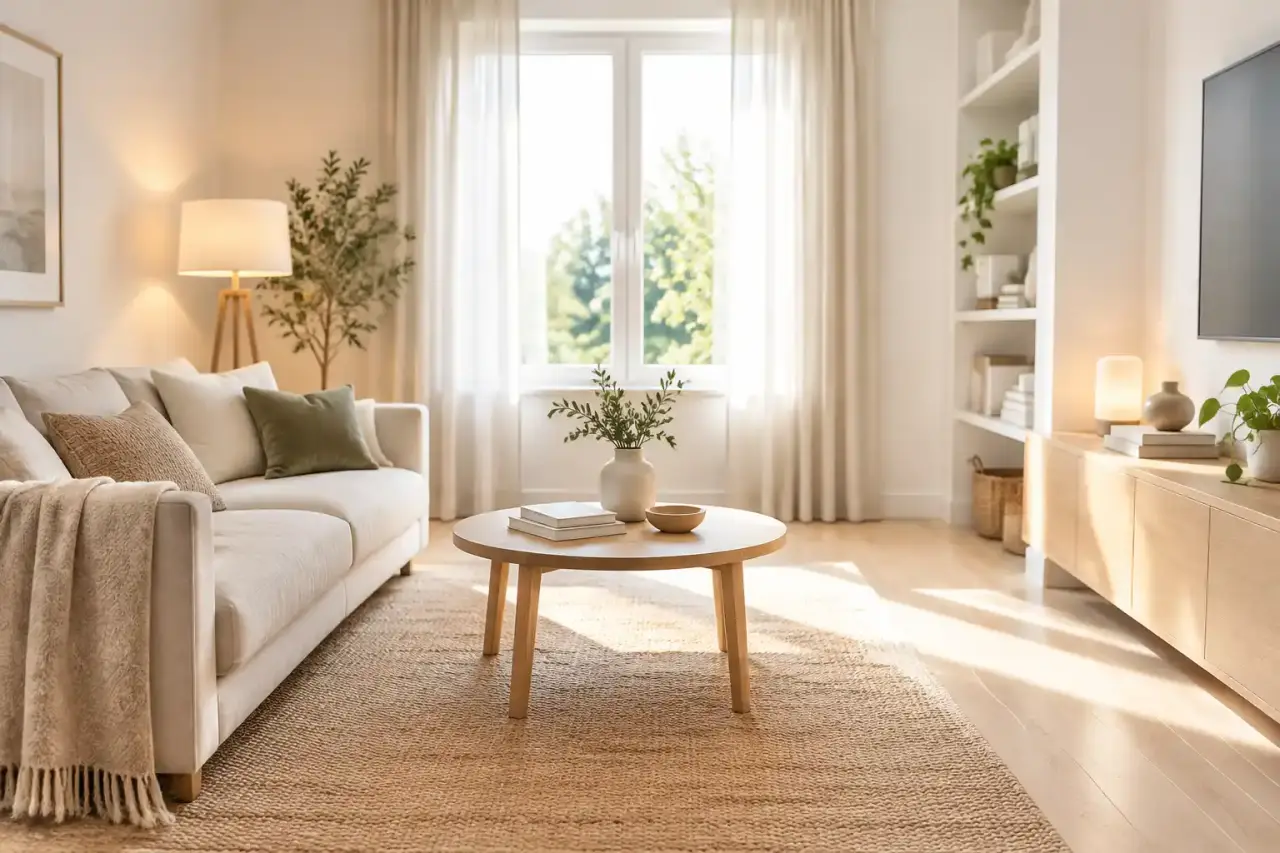Salon minimaliste et lumineux aménagé avec des teintes claires et un éclairage doux