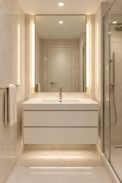 Lustre salle de bain et éclairage du miroir dans une petite pièce sans fenêtre