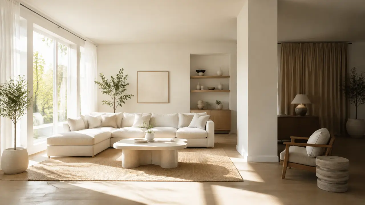 Salon blanc minimaliste baigné de lumière naturelle