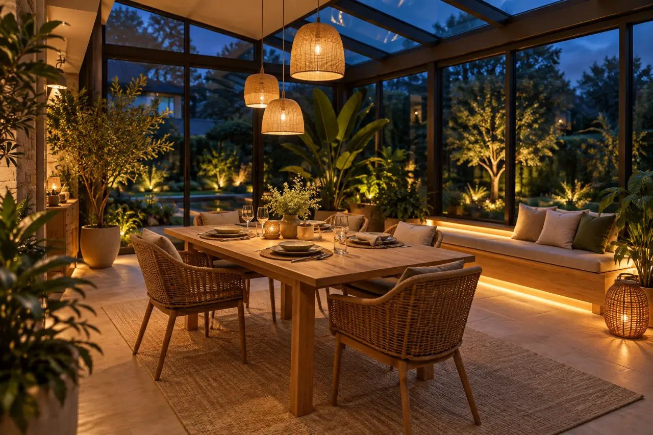 Éclairage intérieur d’une véranda : 3 couches de lumière pour dîner sans ombres