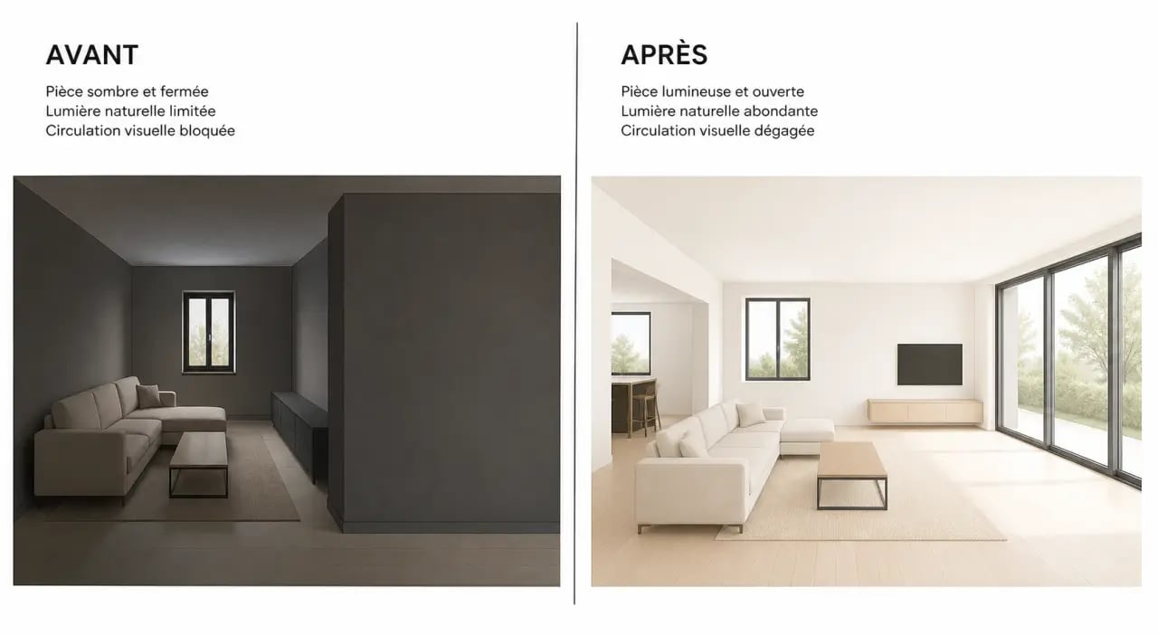 Maison lumineuse avant/après dans un salon, lumière naturelle diffuse et intérieur clair et chaleureux