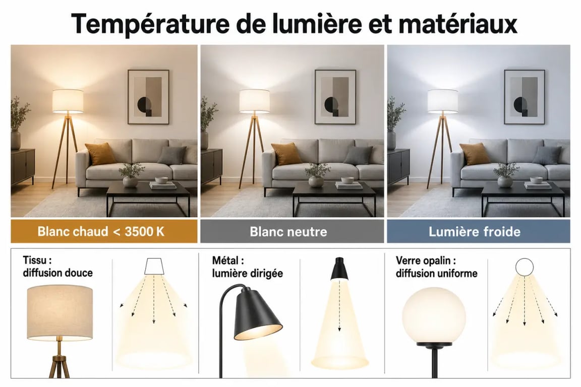 Lampe à poser pour salon : comparaison de la lumière chaude, neutre et froide avec différents matériaux