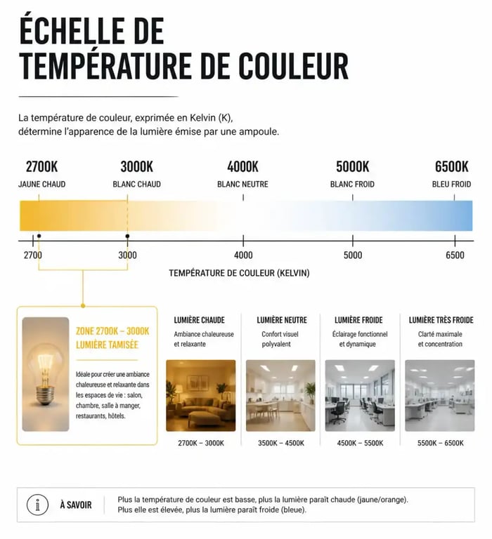 Échelle de température de couleur pour choisir une ampoule adaptée à une lumière tamisée