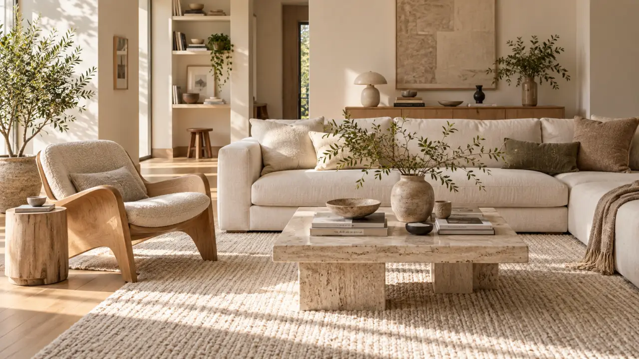 Salon minimaliste baigné de lumière naturelle, avec canapé en lin beige et murs blancs