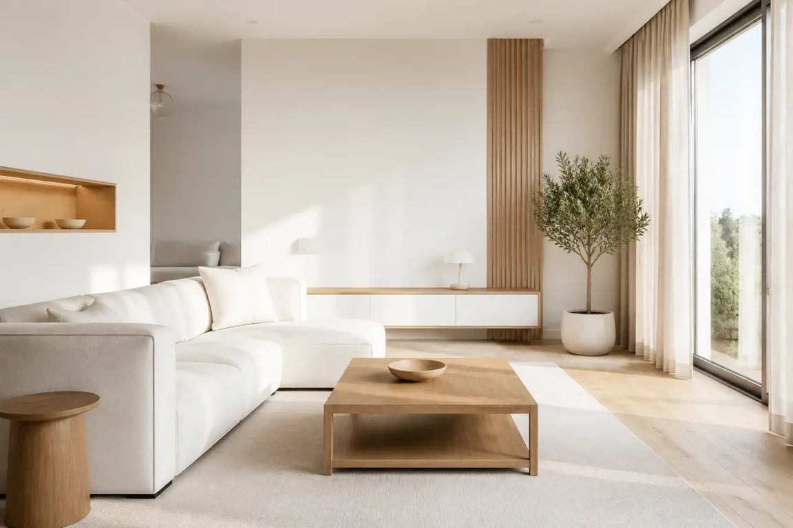 Salon blanc et bois lumineux et chaleureux, inspiration déco pour un intérieur contemporain
