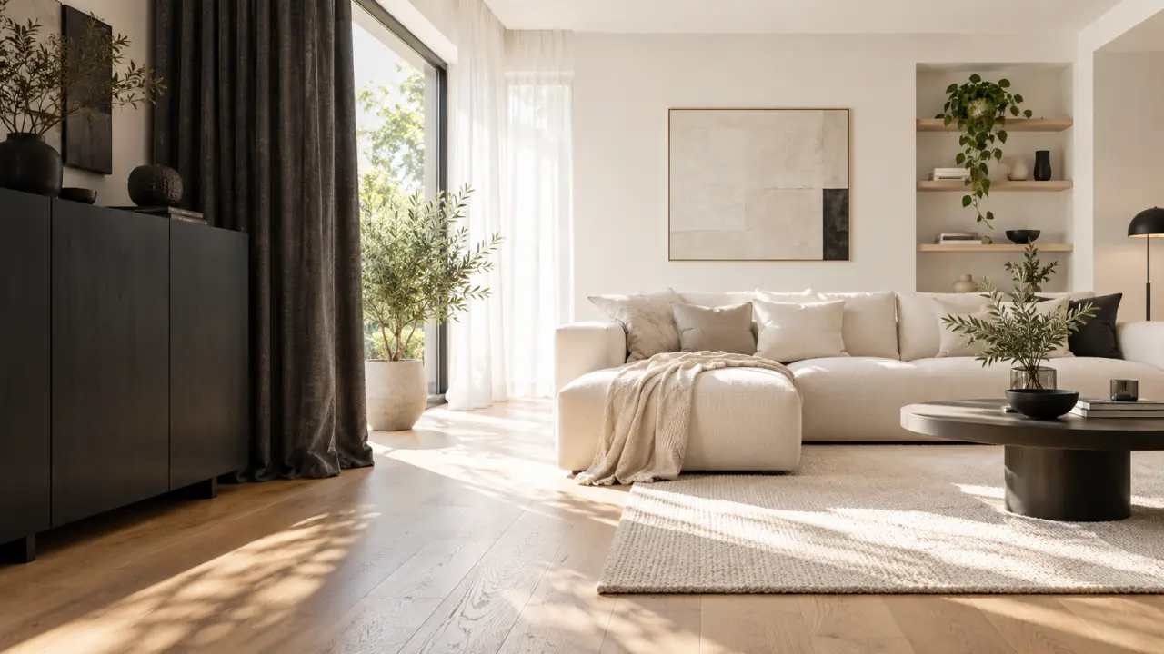 Salon blanc minimaliste dont la lumière naturelle est subtilement filtrée