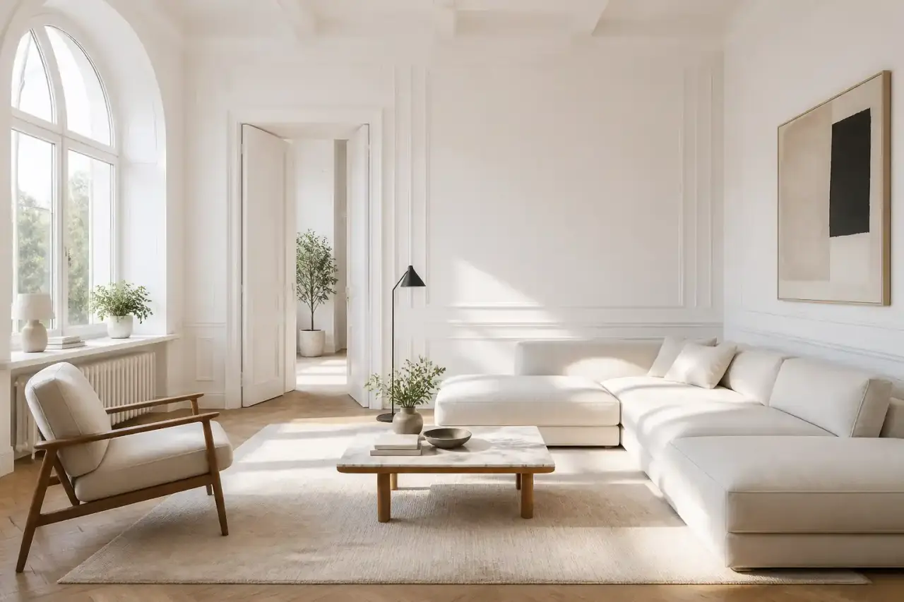 Salon minimaliste baigné de lumière naturelle, murs blancs et atmosphère sereine
