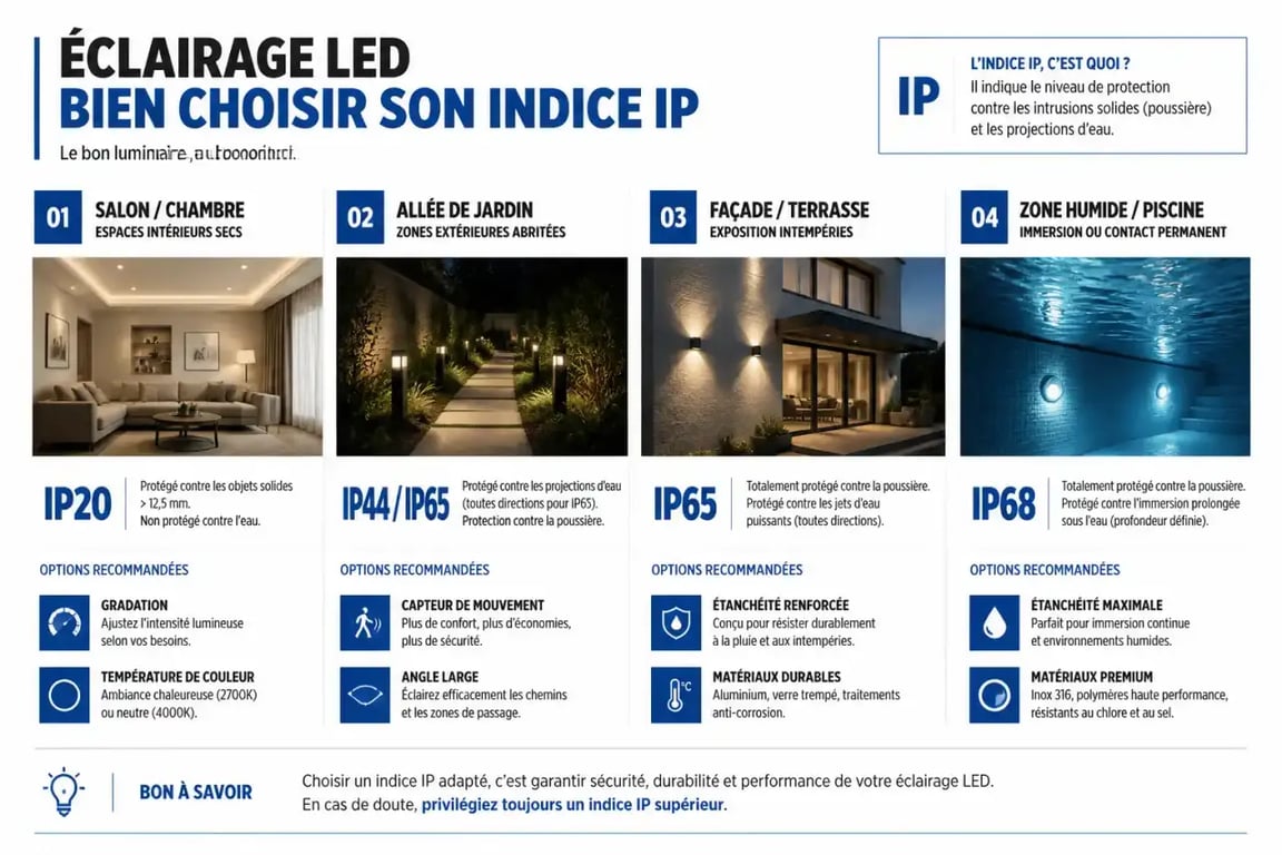 Infographie éclairage par led : usages intérieur et extérieur, indices IP recommandés et options de confort