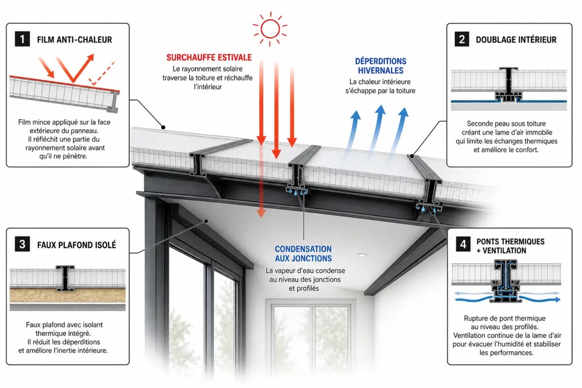 Comment isoler un toit de véranda en polycarbonate : schéma comparatif des solutions thermiques