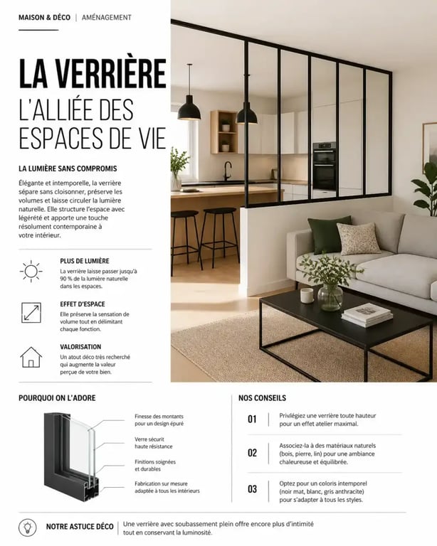 Aménagement d'un salon ouvert avec cuisine séparée par une verrière élégante