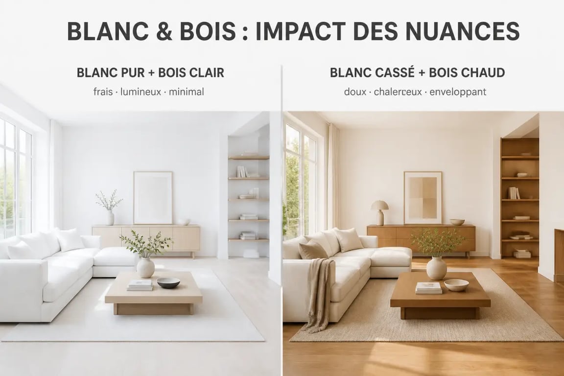 Salon blanc et bois avec comparaison des teintes pour choisir l’ambiance déco adaptée