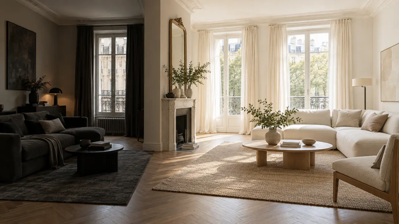 Salon sombre transformé par des murs blanc cassé et une lumière naturelle douce