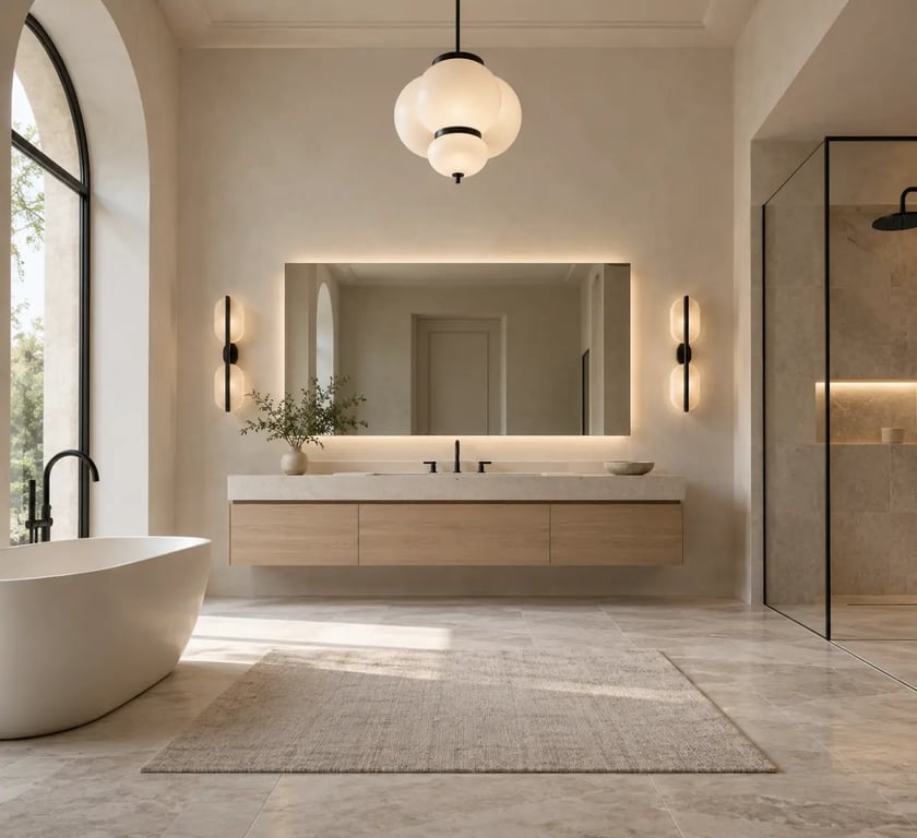 Lustre salle de bain dans une pièce spacieuse avec miroir éclairé par des appliques