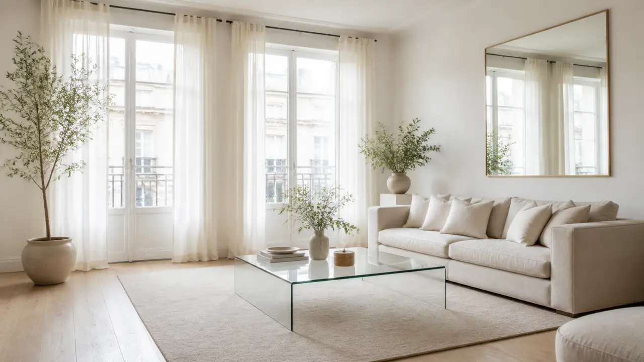 Salon minimaliste exposé au nord, baigné d'une lumière naturelle douce et diffuse