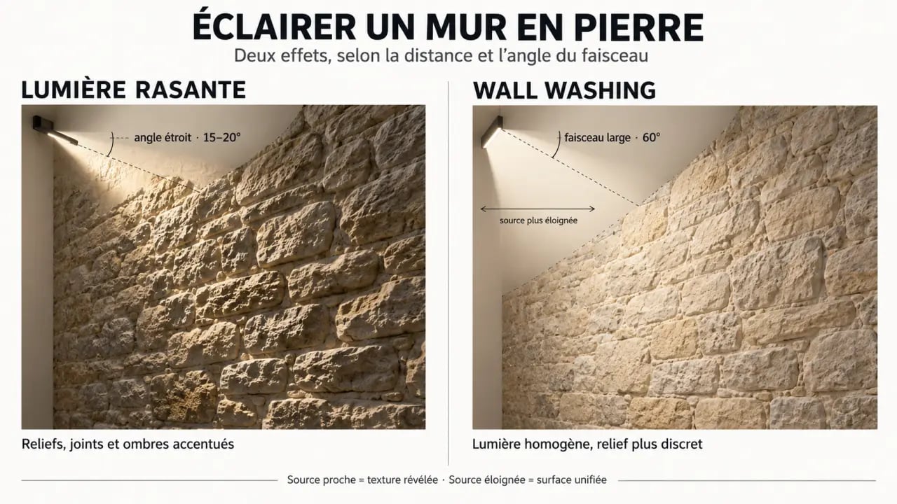 Infographie sur l'éclairage mur en pierre intérieur : lumière rasante et wall washing