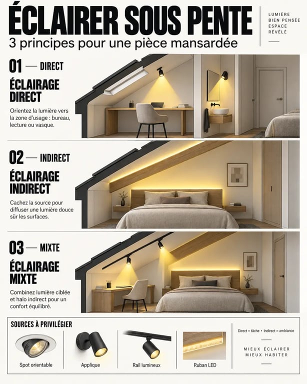 Infographie sur l’éclairage sous pente de toit direct indirect et mixte