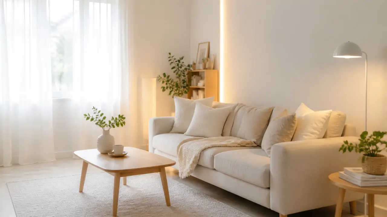Salon lumineux avec voilages légers, murs clairs et ambiance minimaliste